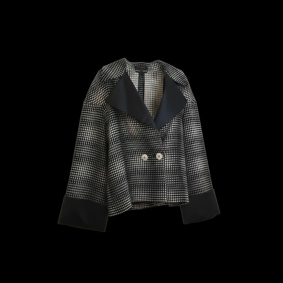 Escada Silk Lapel Boxy Woven Jacket EU 44 US 12 Belt Loops No Belt Black White - Picture 2 of 16